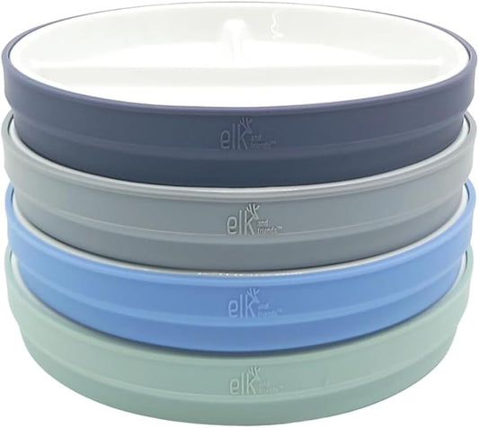 Elk and Friends Kids 7.8” Porcelain White Plates with Silicone Sleeves | Divided Plates | Suitable