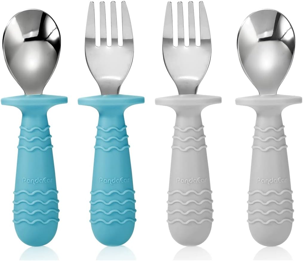 PandaEar 4 Set Baby Toddler Silicone Stainless Steel Utensils Silverware Spoon Fork for Baby