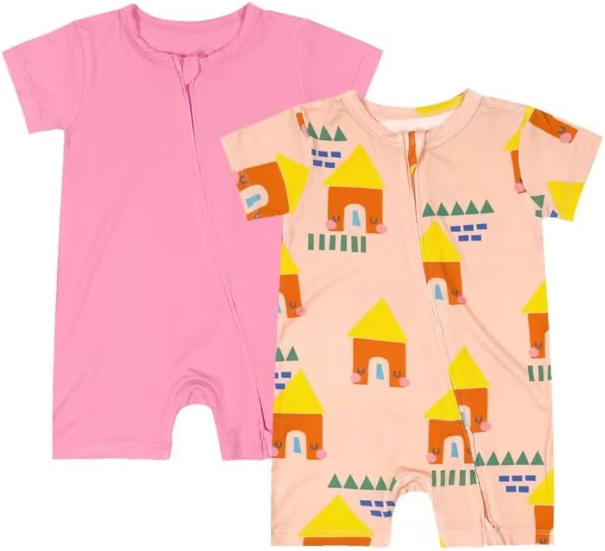 Teach Leanbh Baby Boys Girls 2 Pack Bamboo Viscose Pajamas 2 Way Zipper Short Sleeve Romper
