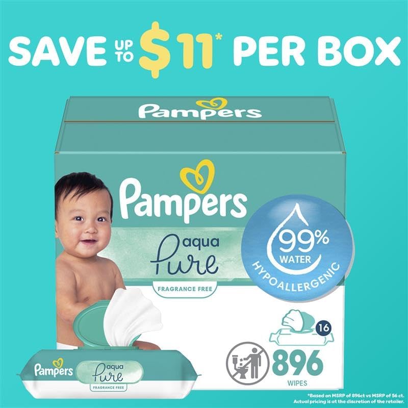 Pampers Baby Wipes Aqua Pure, 99% Water Based Wipes, Hypoallergenic and Unscented Infant Wipe, 896
