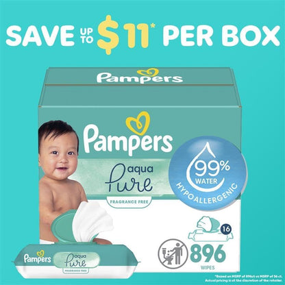 Pampers Baby Wipes Aqua Pure, 99% Water Based Wipes, Hypoallergenic and Unscented Infant Wipe, 896