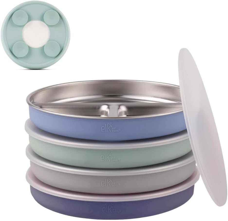 Elk and Friends Stainless Steel Divided Plates with Silicone Sleeve for Babies & Toddlers | Lids