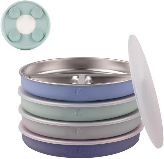 Elk and Friends Stainless Steel Divided Plates with Silicone Sleeve for Babies & Toddlers | Lids