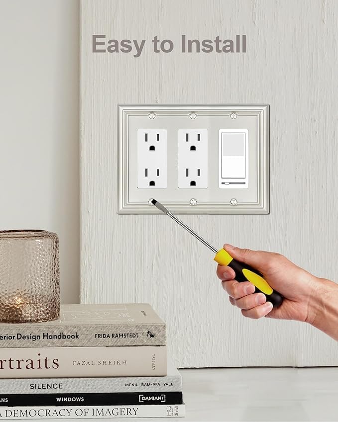 1-Pack Triple Decorator Wall Plate, Metal Electrical Outlet Cover for Receptacles, Dimmer Switches