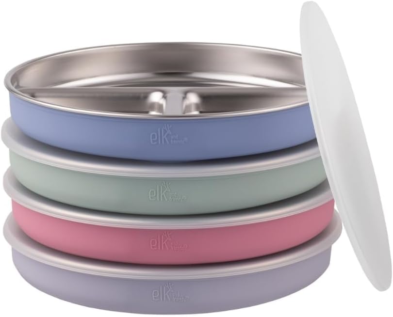 Stainless Steel Divided Plates + Silicone Sleeve and Storage Lid | Baby, Toddler, Kids | Dinner &