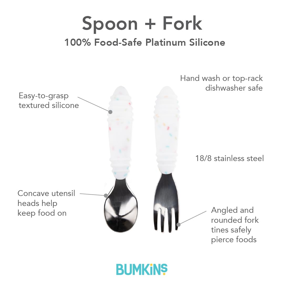 Bumkins Toddler Utensils, Kids Size Fork and Spoon Set, Silicone and Stainless-Steel Training