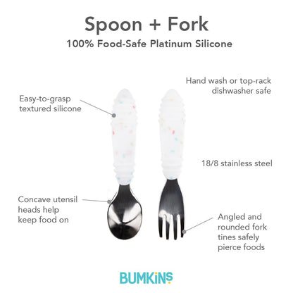 Bumkins Toddler Utensils, Kids Size Fork and Spoon Set, Silicone and Stainless-Steel Training