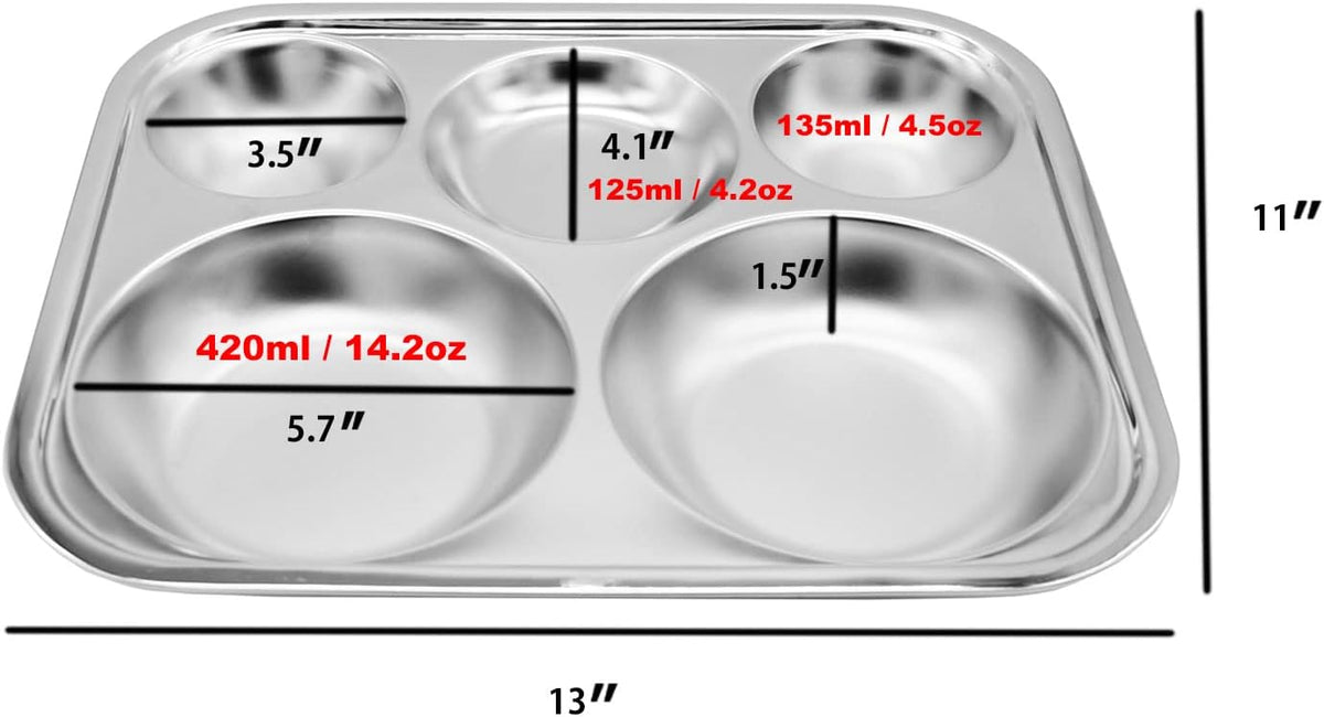Korean Stainless Steel Divided Plates, Food Grade 304 Tray Large Size for Adults, Teens, Picky