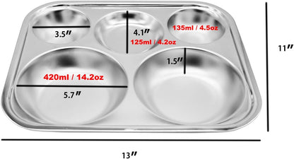 Korean Stainless Steel Divided Plates, Food Grade 304 Tray Large Size for Adults, Teens, Picky