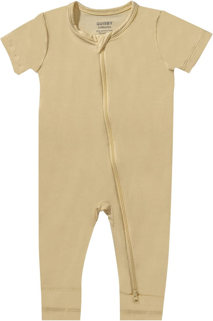 GUISBY Rayon Made from Bamboo Baby Pajamas, Summer Short Sleeve Footless Rompers, 2 Way Zipper