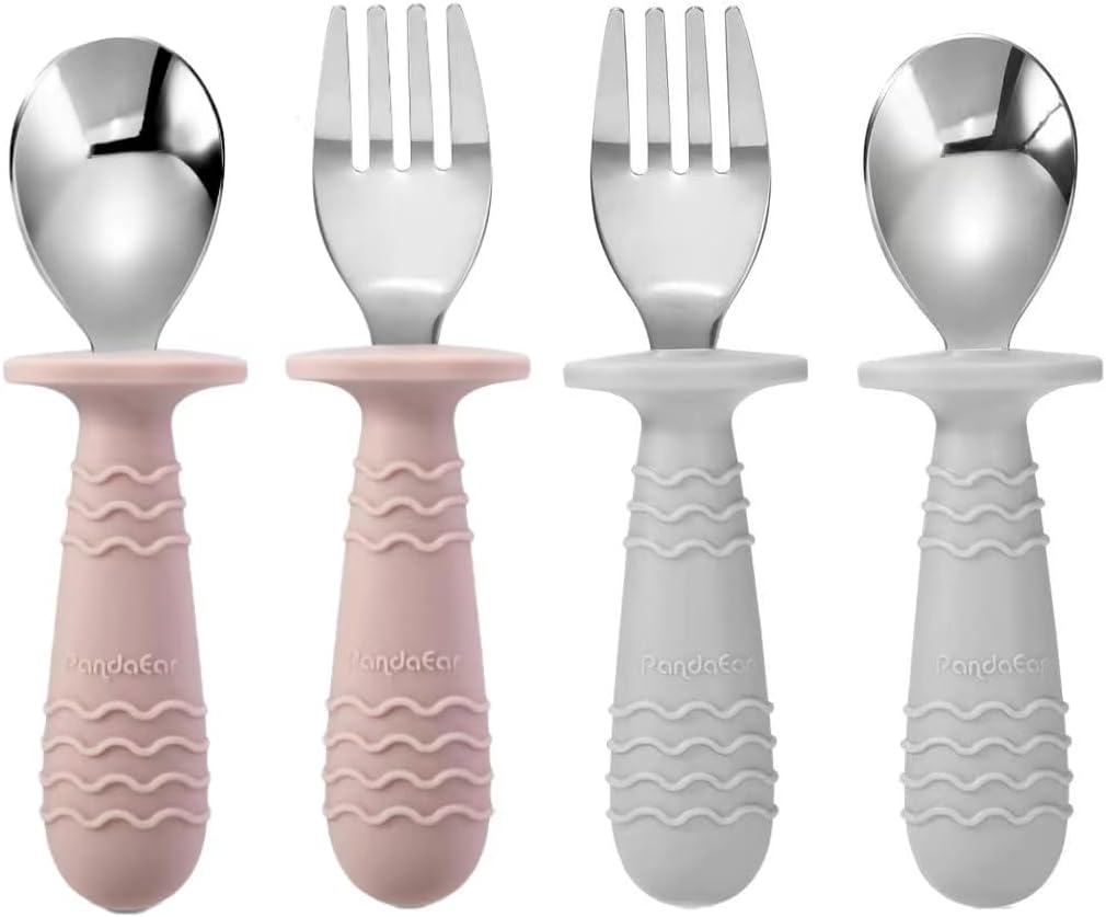 PandaEar 4 Set Baby Toddler Silicone Stainless Steel Utensils Silverware Spoon Fork for Baby