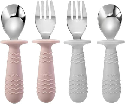 PandaEar 4 Set Baby Toddler Silicone Stainless Steel Utensils Silverware Spoon Fork for Baby