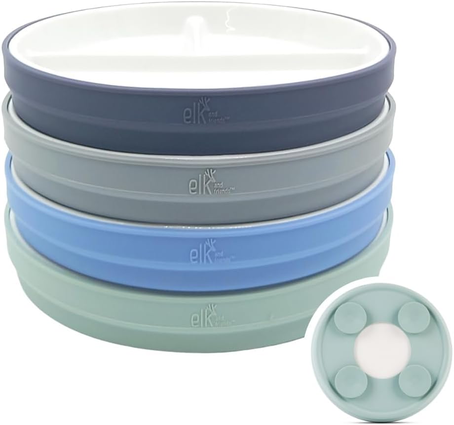 Elk and Friends Kids 7.8” Porcelain Divided Plates with Silicone Suction Sleeves | Suitable for