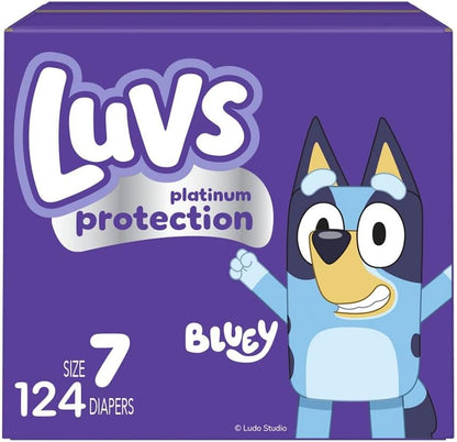 Luvs Size 7 Baby Diapers, Platinum Protection Bluey Diapers for Day & Night, Size 7, 124 Count