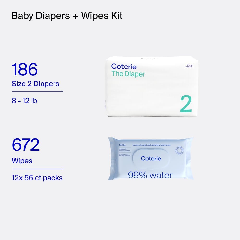 Coterie Baby Wipes + Diapers Kit, Size 2 Diapers (186 Count) & 12 Pack (672 Count) Baby Wipes with