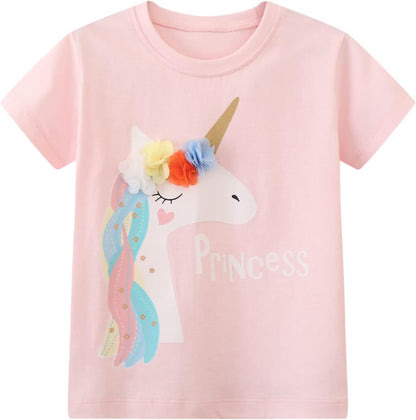 HILEELANG Girls' Tees Ruffle Short Sleeve T-Shirt Cotton Casual Graphic Summer Crewneck Tunic Tops