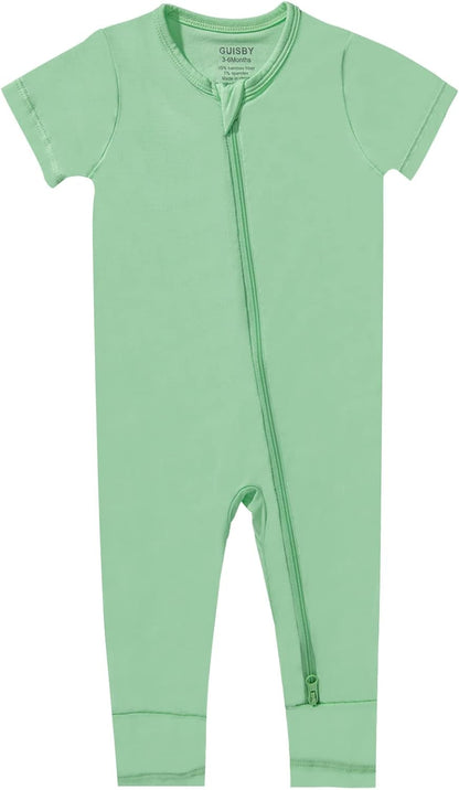 GUISBY Rayon Made from Bamboo Baby Pajamas, Summer Short Sleeve Footless Rompers, 2 Way Zipper