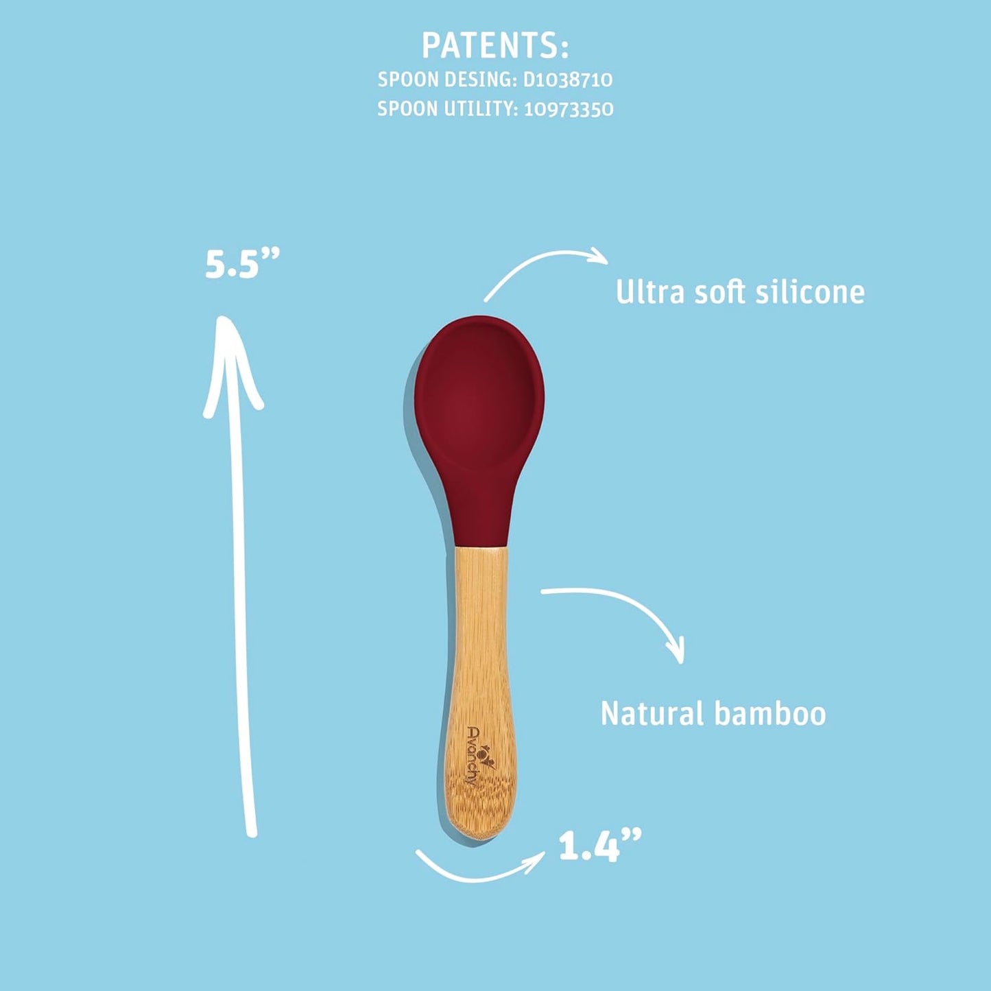 Avanchy Baby Spoons 5 Bamboo and Silicone Set, Self Feeding Food Utensils, 4 Months Baby Led