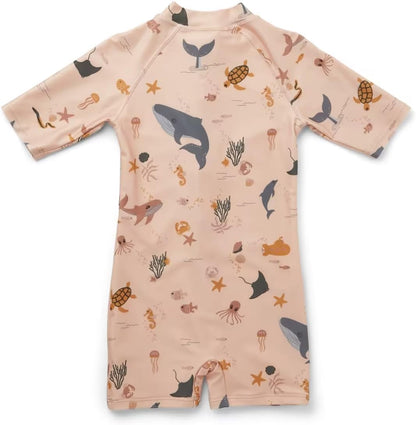 Boys One Piece Swimsuit Whale Dolphin Bathing Suit Zipper Rash Guard Kid Short Sleeve Swimwear