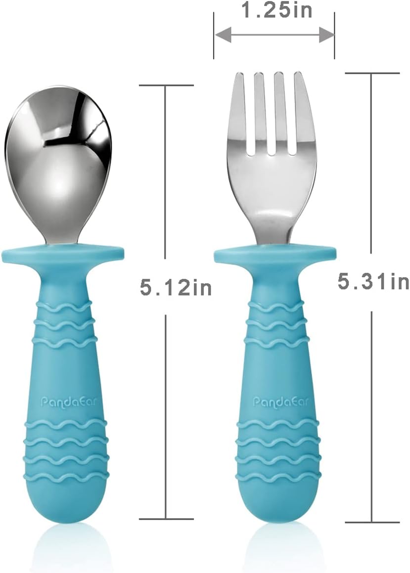 PandaEar 4 Set Baby Toddler Silicone Stainless Steel Utensils Silverware Spoon Fork for Baby