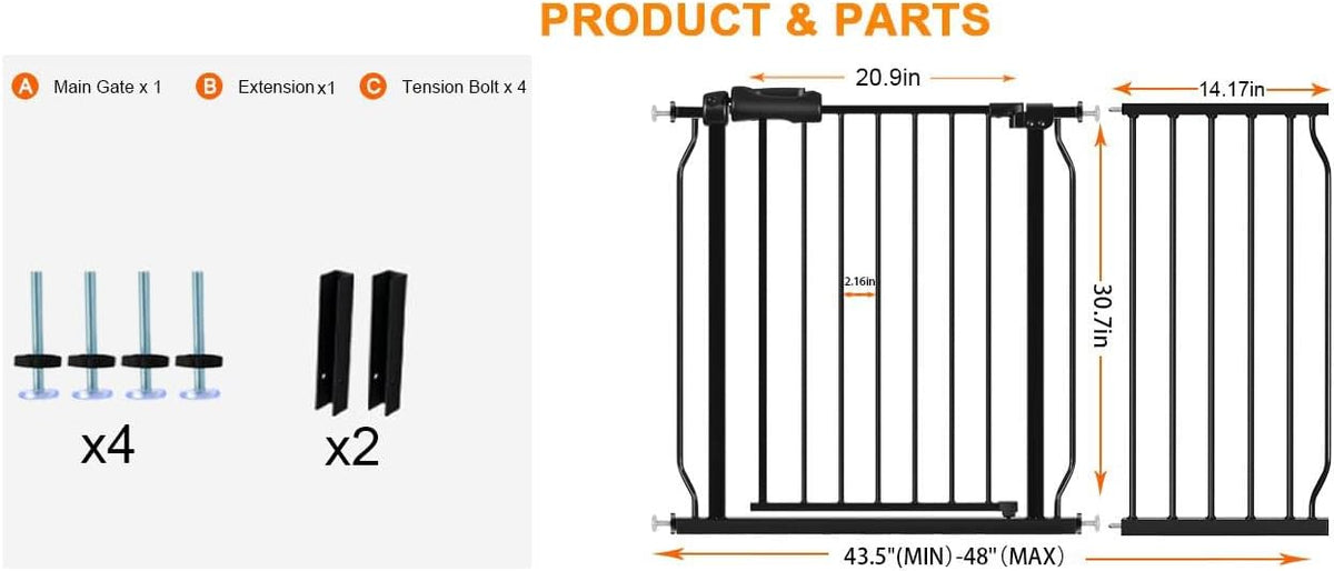 HOOEN Wide Baby Gates for Doorway Stairs 30" Tall 43.5 to 48 Inch Wide Indoor Child Gate for Kid or