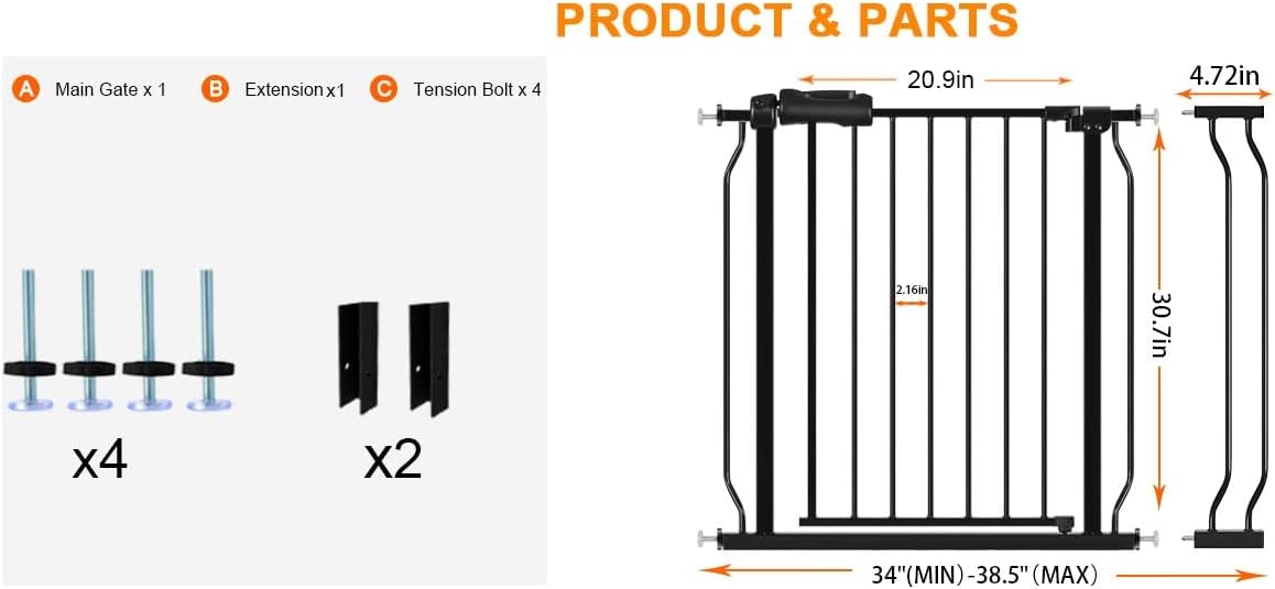 Wide Baby Gate for Stairs Doorways 30" Tall 34 to 38.5 Inch Wide Pressure Mounted Baby Gate Walk