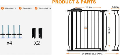 Wide Baby Gate for Stairs Doorways 30" Tall 34 to 38.5 Inch Wide Pressure Mounted Baby Gate Walk