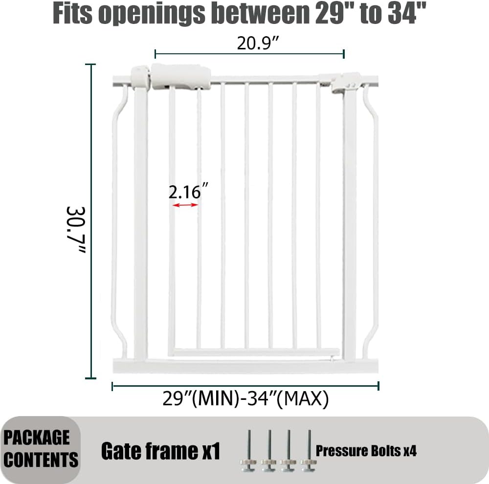 29-34 Inch Baby & Pet Gate - White Metal, Pressure Mounted, Walk Through Safety Gate for Narrow