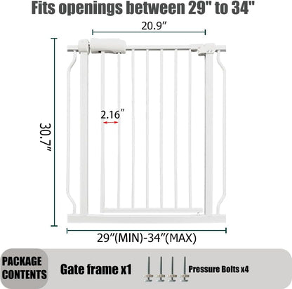 29-34 Inch Baby & Pet Gate - White Metal, Pressure Mounted, Walk Through Safety Gate for Narrow
