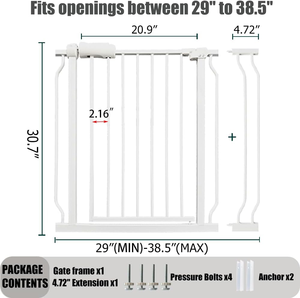 Auto Close Baby & Dog Gate 34-38.5 Inch, Tension Safety Gate Indoor, White Metal, Walk-Through