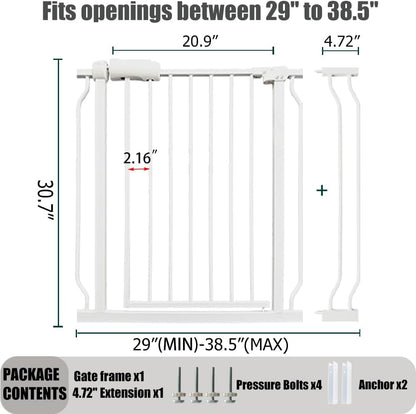 Auto Close Baby & Dog Gate 34-38.5 Inch, Tension Safety Gate Indoor, White Metal, Walk-Through