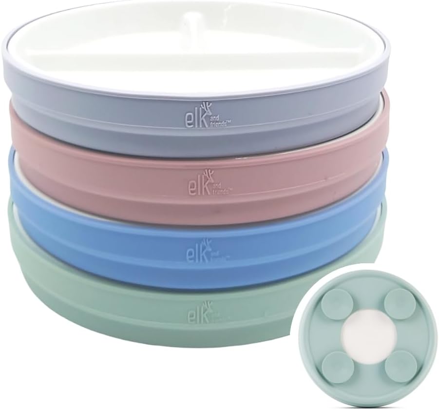 Elk and Friends Kids 7.8” Porcelain Divided Plates with Silicone Suction Sleeves | Suitable for