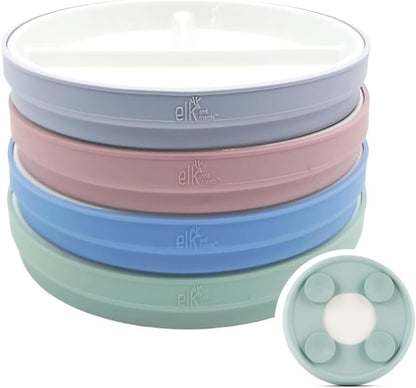 Elk and Friends Kids 7.8” Porcelain Divided Plates with Silicone Suction Sleeves | Suitable for