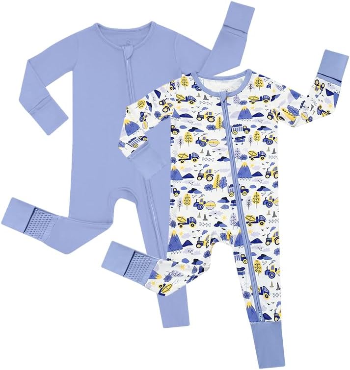 JunNeng 2Pcs Baby Rayon from Bamboo Sleeper with Mitten Cuffs, Footless Zipper Cozy Pjs, Non-Slip