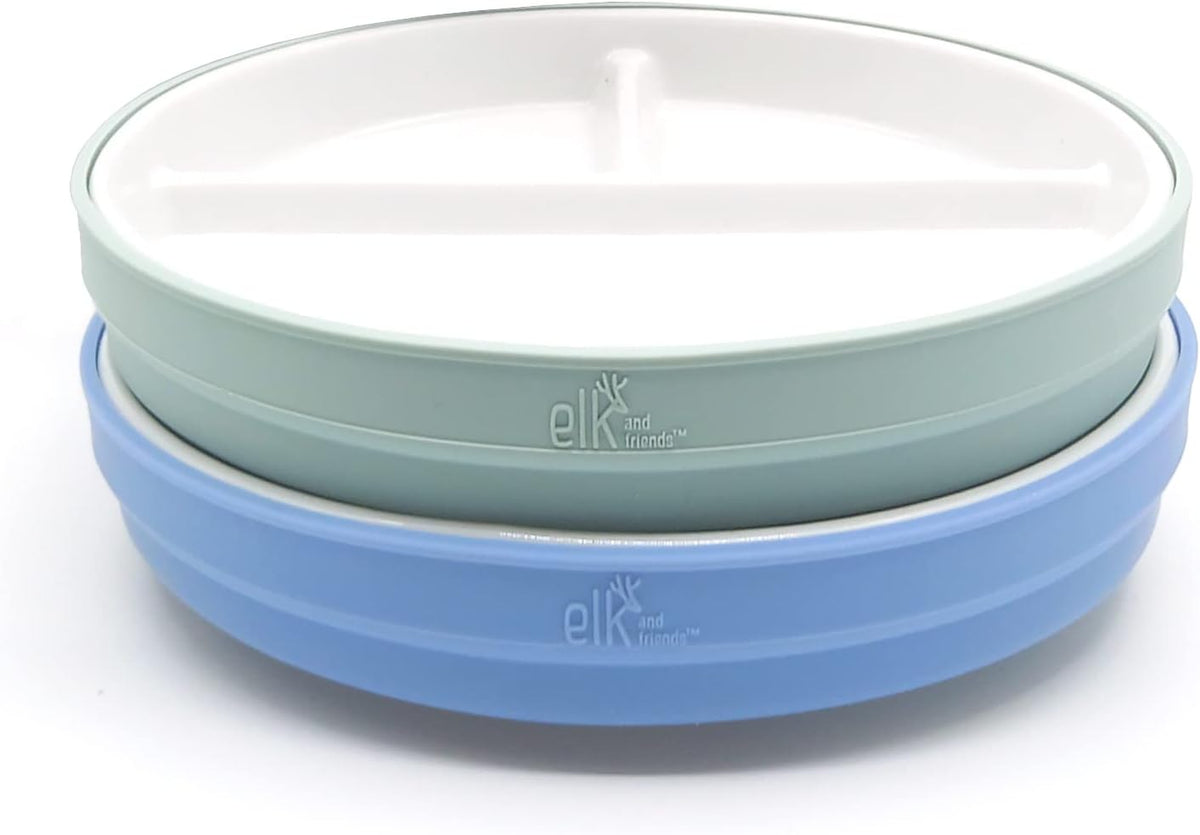 Elk and Friends Kids 6.7” Porcelain Divided Plates with Silicone Sleeves | Suitable for