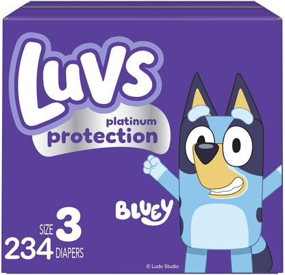 Luvs Size 3 Baby Diapers, Platinum Protection Bluey Diapers for Day & Night, Size 3, 234 Count