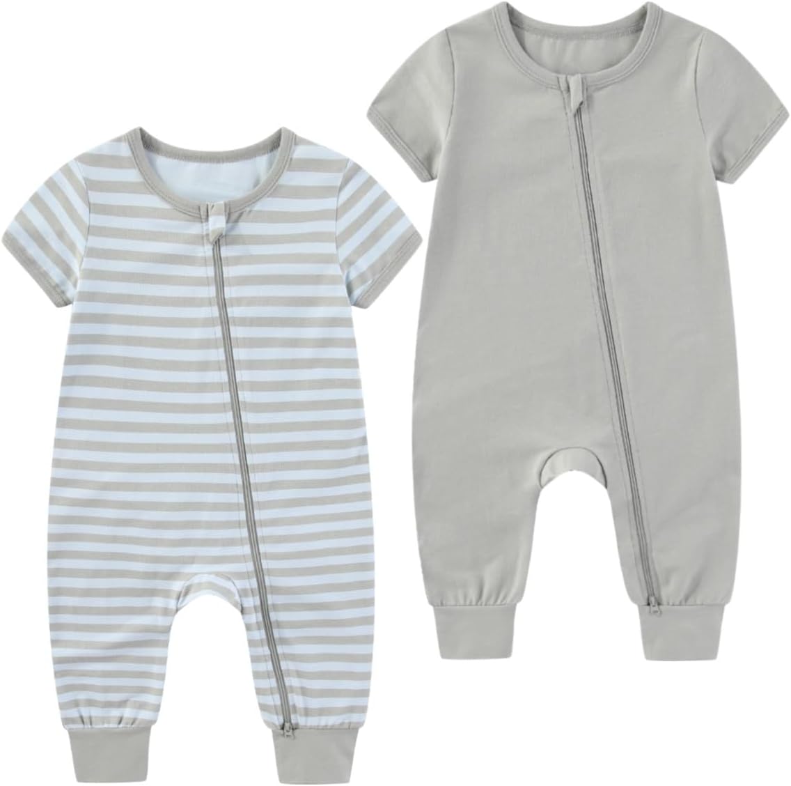 2 Pack Unisex Baby Short Sleeve Rompers 2 Way Zipper New Born One-Piece Jumpsuits 0-24Months Infant