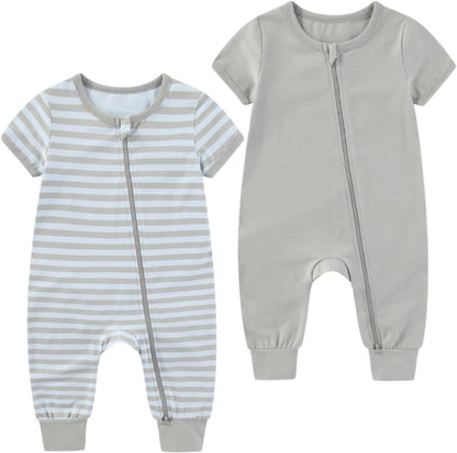 2 Pack Unisex Baby Short Sleeve Rompers 2 Way Zipper New Born One-Piece Jumpsuits 0-24Months Infant