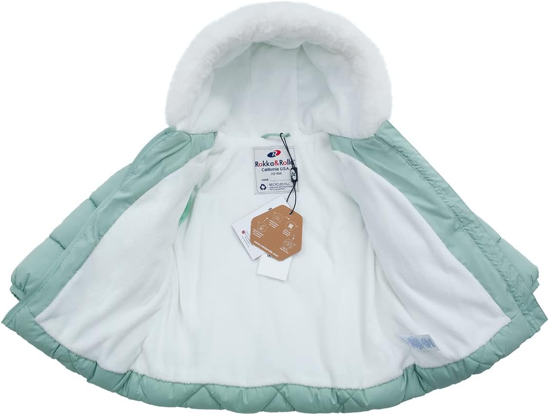 Rokka&Rolla Baby Girls' Water-Resistant Puffer Jacket Hooded Winter Coat with Soft Mini Fur Lining