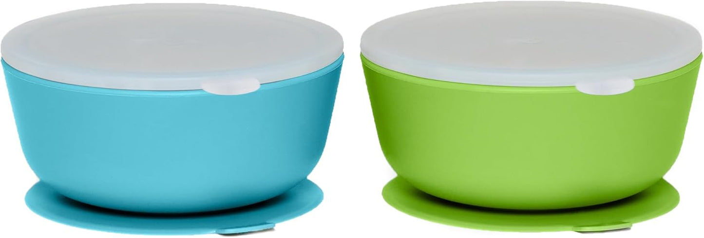 WeeSprout Suction Bowls for Baby & Toddlers (Set of 2) - 100% Silicone w/Plastic Lid - Leak Proof