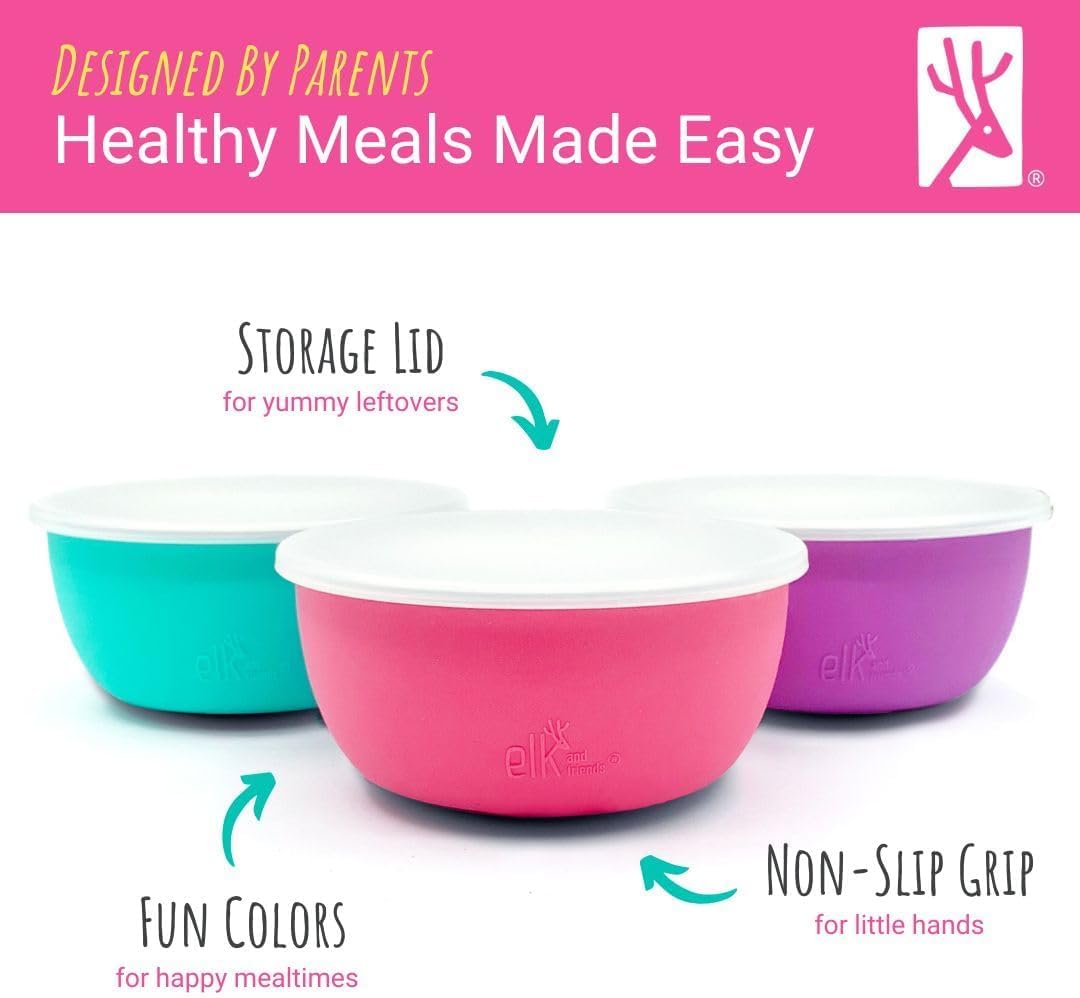 Elk and Friends Stainless Steel Bowls + Silicone Sleeve and Storage Lid | Baby, Toddler, Kids |