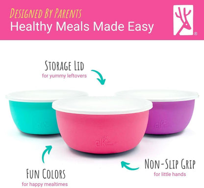 Elk and Friends Stainless Steel Bowls + Silicone Sleeve and Storage Lid | Baby, Toddler, Kids |