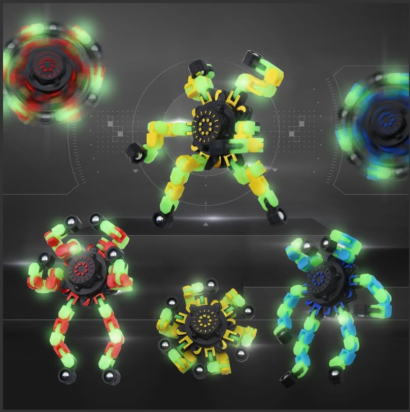 8Pcs Fidget Spinners Glow in The Dark, Fingertip Gyro DIY Deformable Robot Funny Sensory Fidget