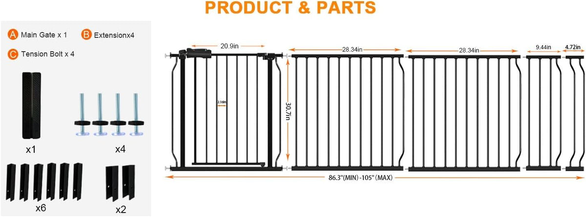 HOOEN 30" Tall Extra Wide Baby Gates for Doorways Stairs 86 to 105 Inch Large Long Pressure Mounted