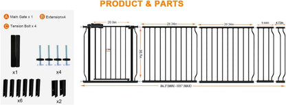 HOOEN 30" Tall Extra Wide Baby Gates for Doorways Stairs 86 to 105 Inch Large Long Pressure Mounted