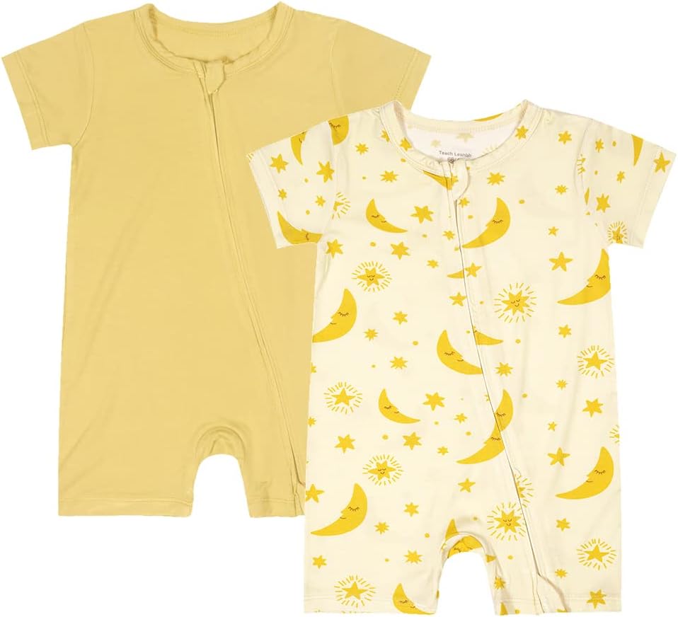 Teach Leanbh Baby Boys Girls 2 Pack Bamboo Viscose Pajamas 2 Way Zipper Short Sleeve Romper