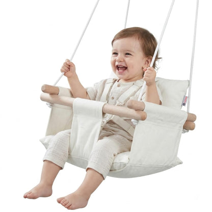 CaTeam Canvas Baby Swing Seat with 5-Point Safety Belt — Wooden Hanging Toddler Swing, Indoor &