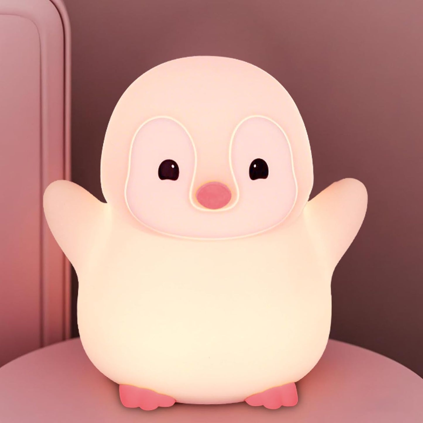 Pink Penguin Night Light,Food Grade Soft Silicone Nursery Nightlight for Baby,LED Squishy Novelty