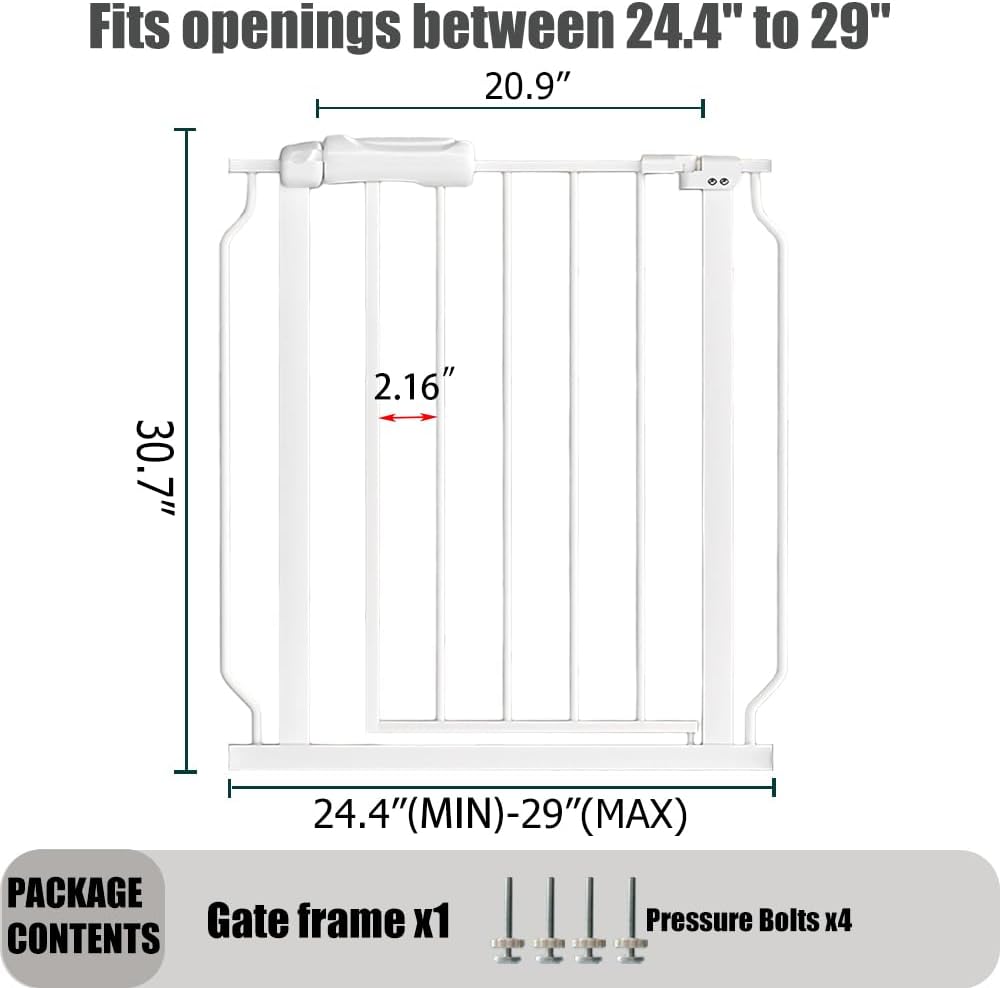 24-29 Inch Narrow Baby Gate, Pressure Mounted No Drilling Dog Gate for Stairs & Doorways, White