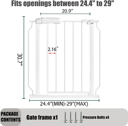 24-29 Inch Narrow Baby Gate, Pressure Mounted No Drilling Dog Gate for Stairs & Doorways, White